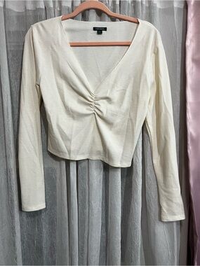 wild fable Cream Ruched V-Neck Waffle-Knit Long Sleeve Top